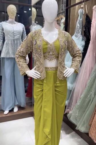 Paroot Green Color Embroidery Work Creap Satin Blouse Dhoti Set