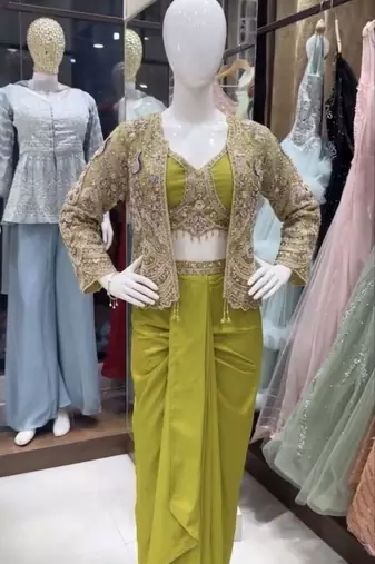 Paroot Green Color Embroidery Work Creap Satin Blouse Dhoti Set