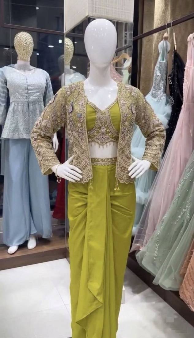 Paroot Green Color Embroidery Work Creap Satin Blouse Dhoti Set