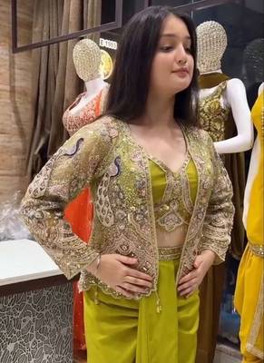 Paroot Green Color Embroidery Work Creap Satin Blouse Dhoti Set 2