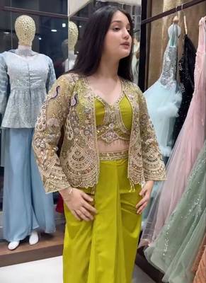 Paroot Green Color Embroidery Work Creap Satin Blouse Dhoti Set 3