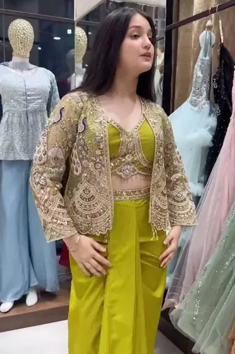 Paroot Green Color Embroidery Work Creap Satin Blouse Dhoti Set
