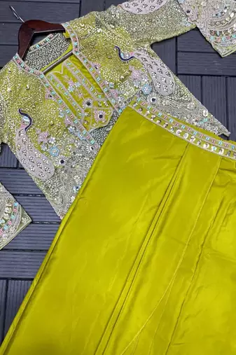 Paroot Green Color Embroidery Work Creap Satin Blouse Dhoti Set
