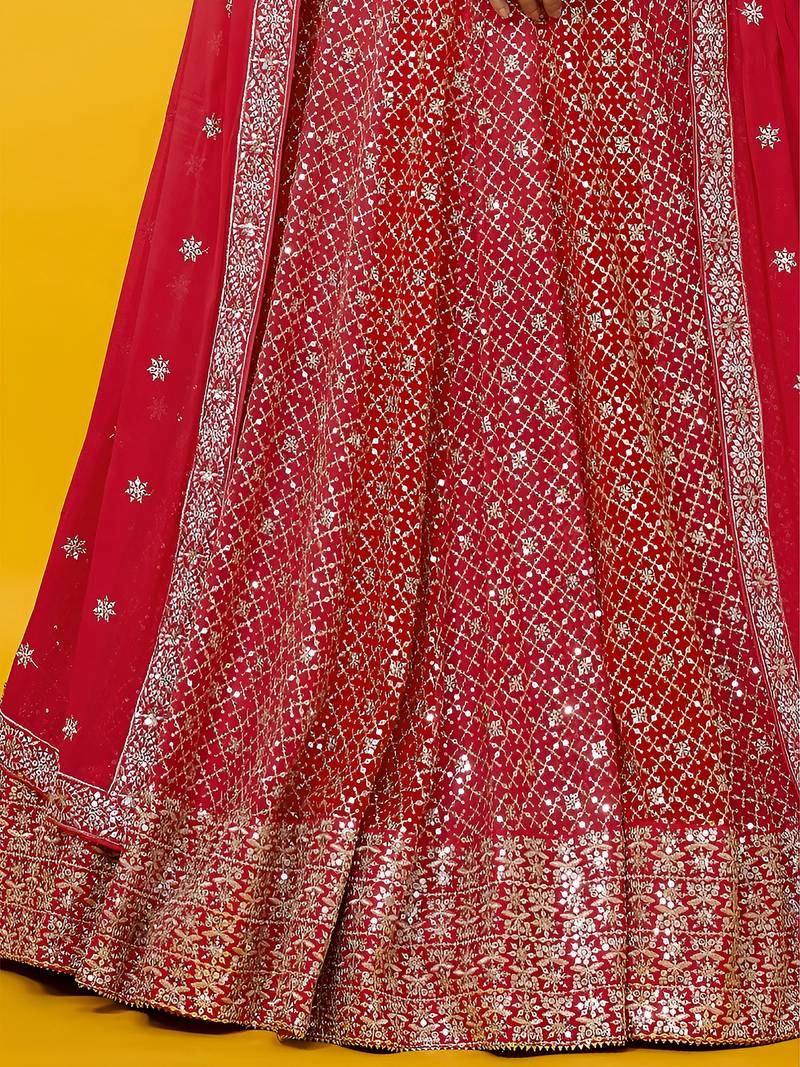  red sequins georgette lehenga set choli with dupatta