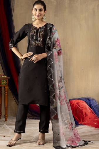 Black roman silk straight kurti pant dupatta set