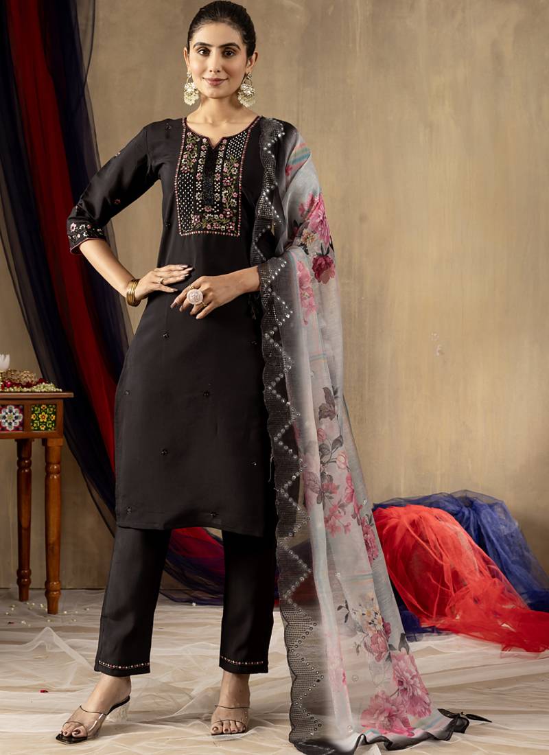 Black roman silk straight kurti pant dupatta set