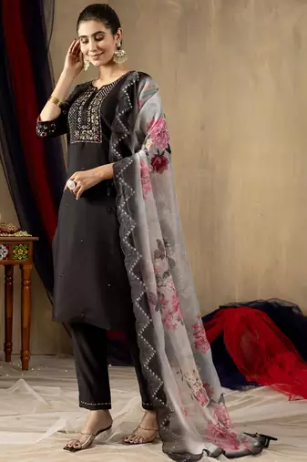 Black roman silk straight kurti pant dupatta set
