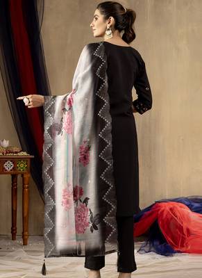 Black roman silk straight kurti pant dupatta set 3