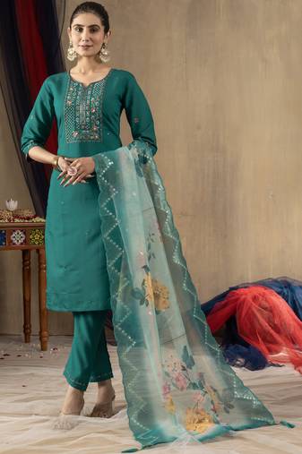 Rama green roman silk straight kurti pant dupatta set