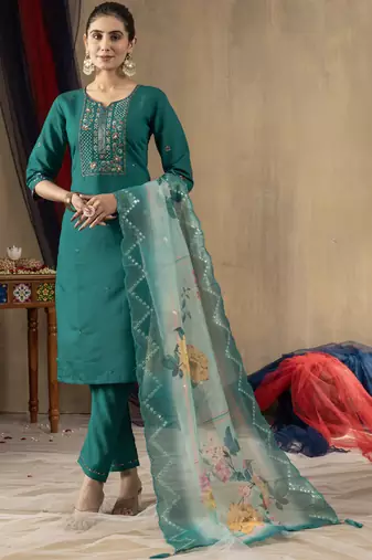 Rama green roman silk straight kurti pant dupatta set