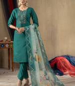 Rama green roman silk straight kurti pant dupatta set