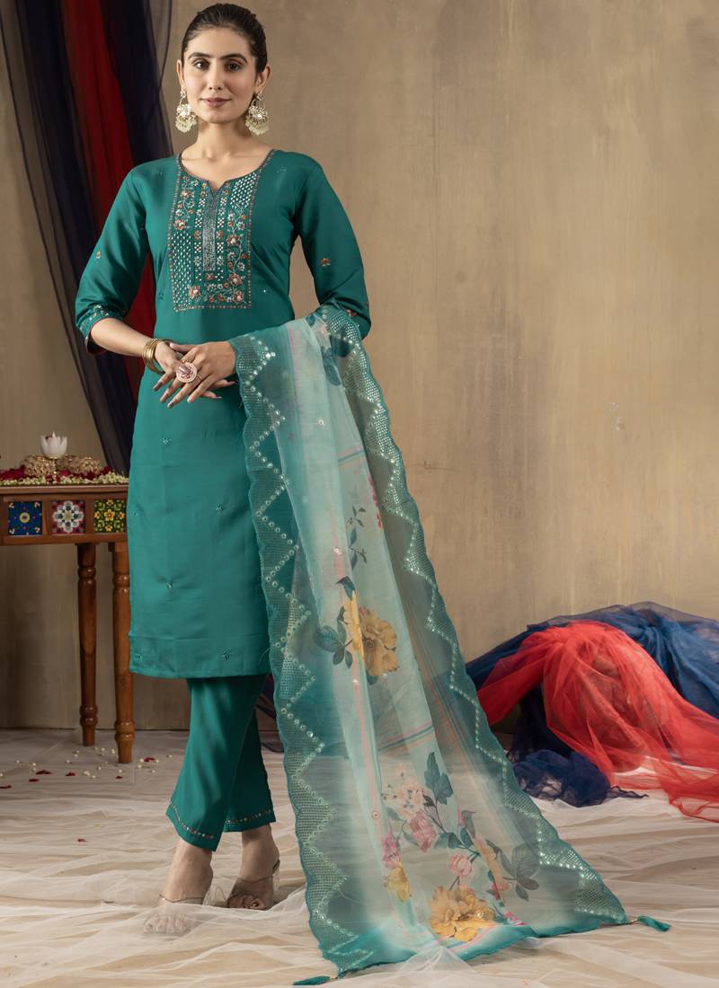 Rama green roman silk straight kurti pant dupatta set