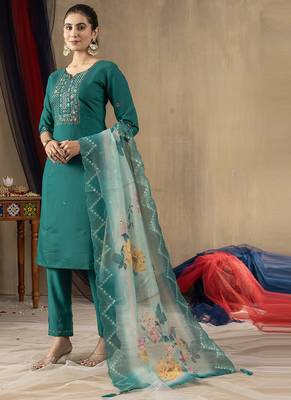Rama green roman silk straight kurti pant dupatta set 2