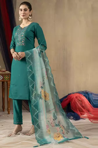 Rama green roman silk straight kurti pant dupatta set