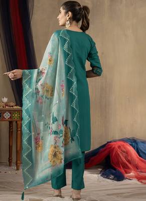 Rama green roman silk straight kurti pant dupatta set 3