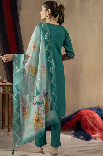 Rama green roman silk straight kurti pant dupatta set