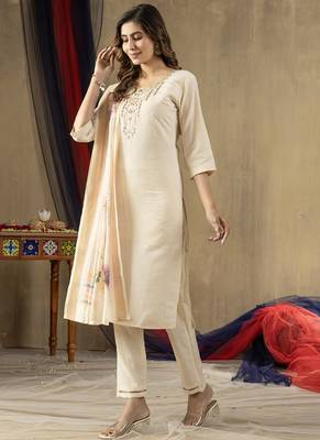 Off white shimmer gold silk straight kurti pant dupatta set 2