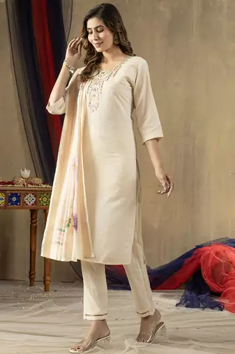 Off white shimmer gold silk straight kurti pant dupatta set