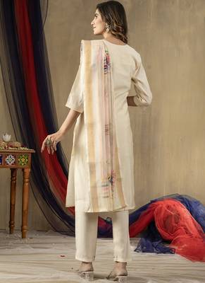 Off white shimmer gold silk straight kurti pant dupatta set 3