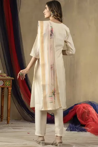 Off white shimmer gold silk straight kurti pant dupatta set