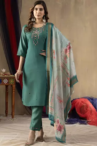 Rama green shimmer gold silk straight kurti pant dupatta set