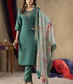 Rama green shimmer gold silk straight kurti pant dupatta set