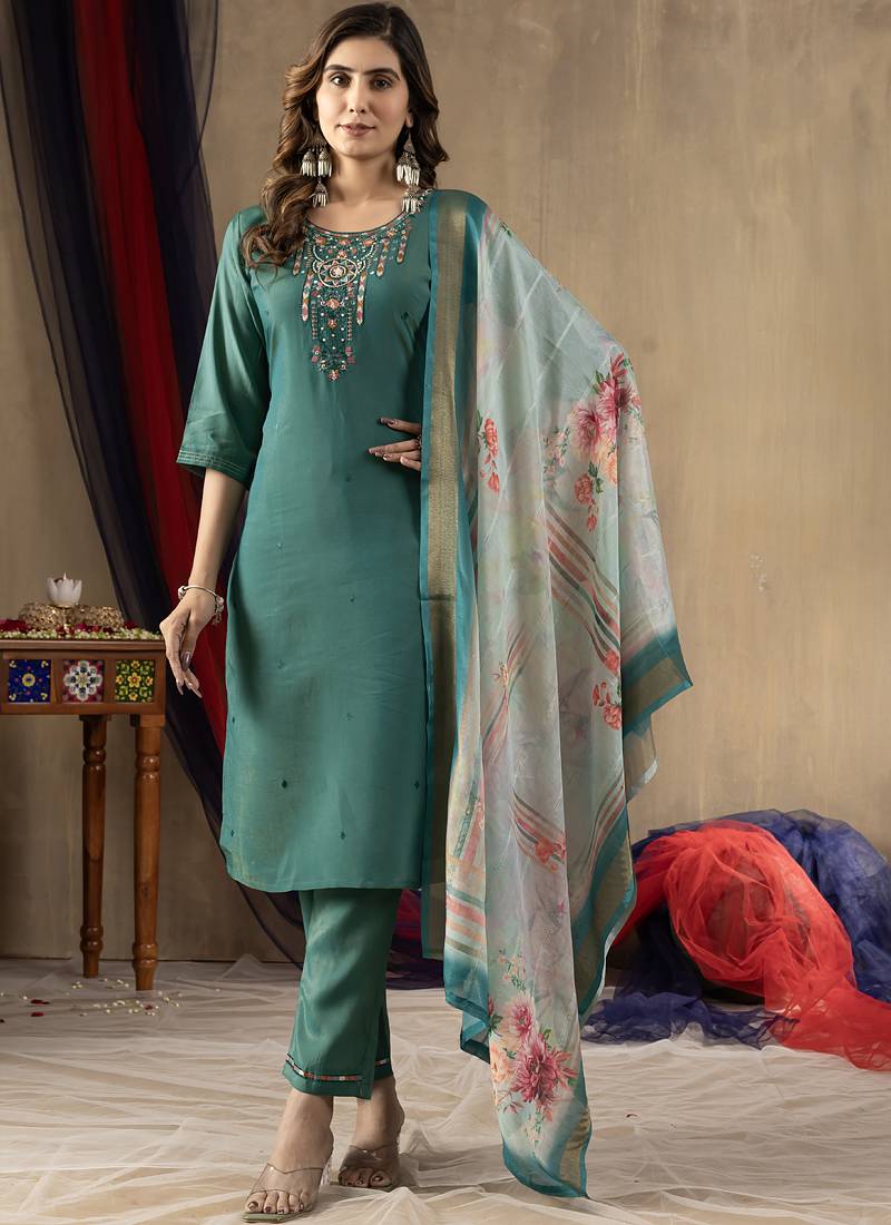 Rama green shimmer gold silk straight kurti pant dupatta set