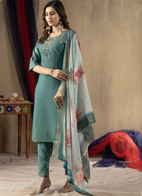 Rama green shimmer gold silk straight kurti pant dupatta set 2