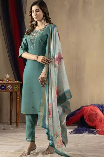 Rama green shimmer gold silk straight kurti pant dupatta set
