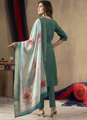 Rama green shimmer gold silk straight kurti pant dupatta set 3