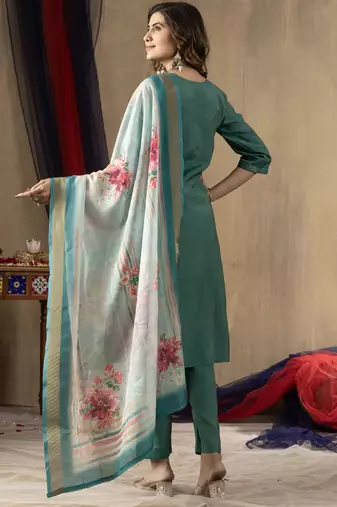 Rama green shimmer gold silk straight kurti pant dupatta set