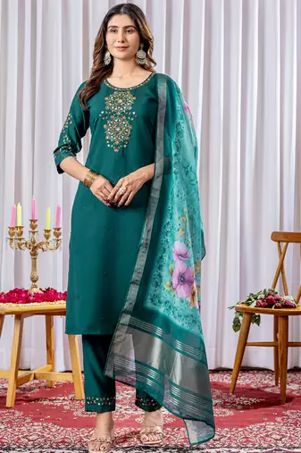 Green viscose silk straight kurti pant dupatta set