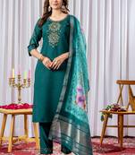 Green viscose silk straight kurti pant dupatta set