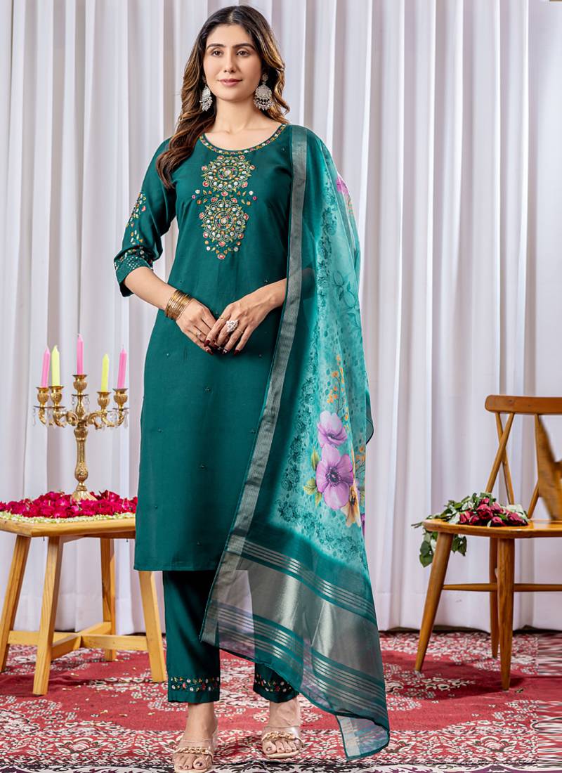 Green viscose silk straight kurti pant dupatta set