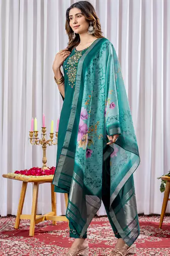 Green viscose silk straight kurti pant dupatta set