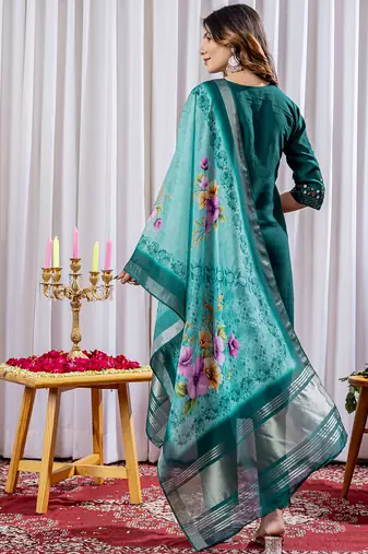 Green viscose silk straight kurti pant dupatta set