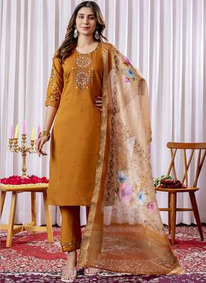 Mustard viscose silk straight kurti pant dupatta set 1