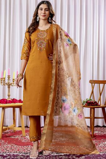 Mustard viscose silk straight kurti pant dupatta set