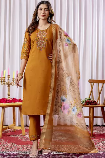 Mustard viscose silk straight kurti pant dupatta set