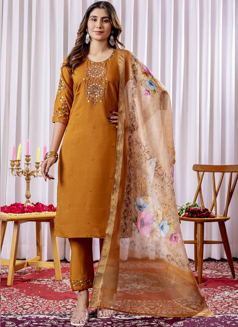 Mustard viscose silk straight kurti pant dupatta set