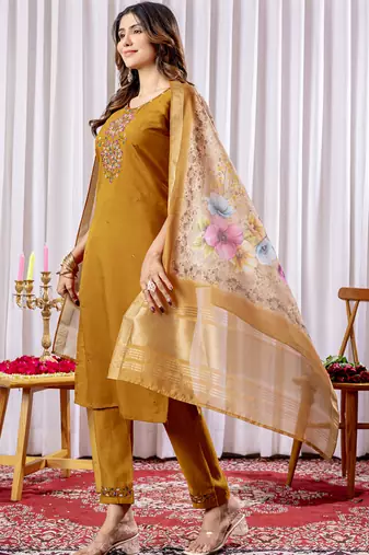 Mustard viscose silk straight kurti pant dupatta set