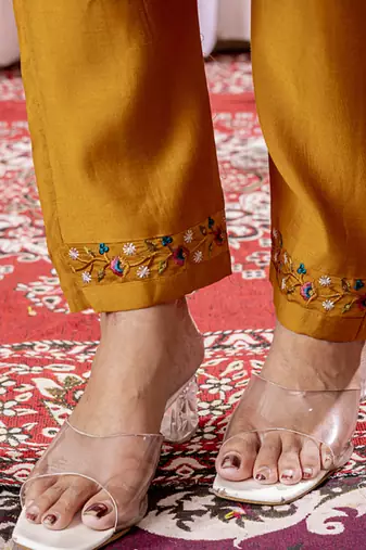 Mustard viscose silk straight kurti pant dupatta set