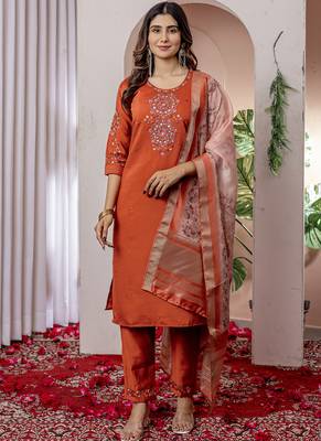 Orange viscose silk straight kurti pant dupatta set 1