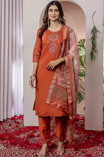 Orange viscose silk straight kurti pant dupatta set