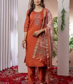 Orange viscose silk straight kurti pant dupatta set