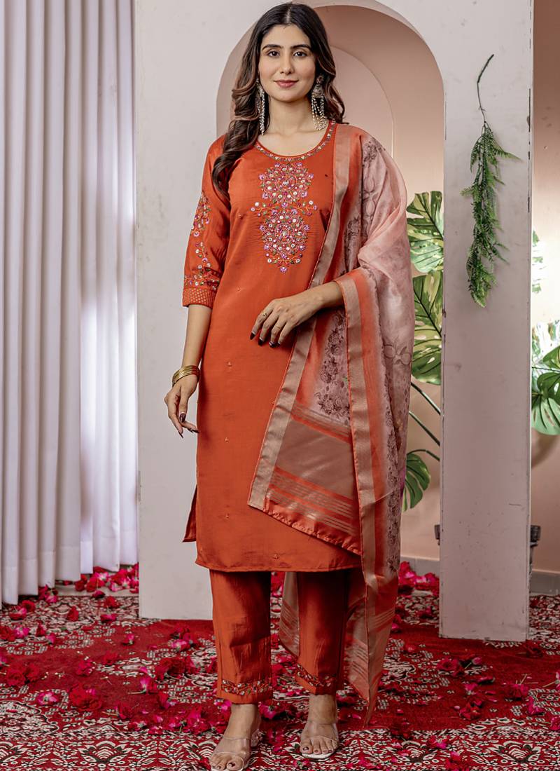 Orange viscose silk straight kurti pant dupatta set