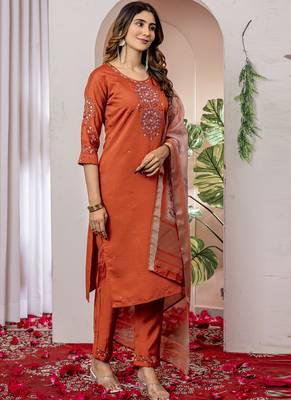 Orange viscose silk straight kurti pant dupatta set 2