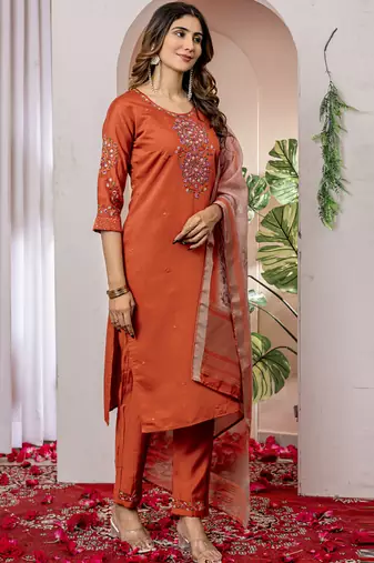 Orange viscose silk straight kurti pant dupatta set