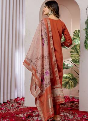 Orange viscose silk straight kurti pant dupatta set 3