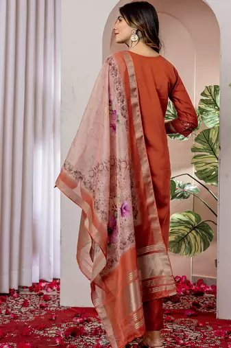 Orange viscose silk straight kurti pant dupatta set
